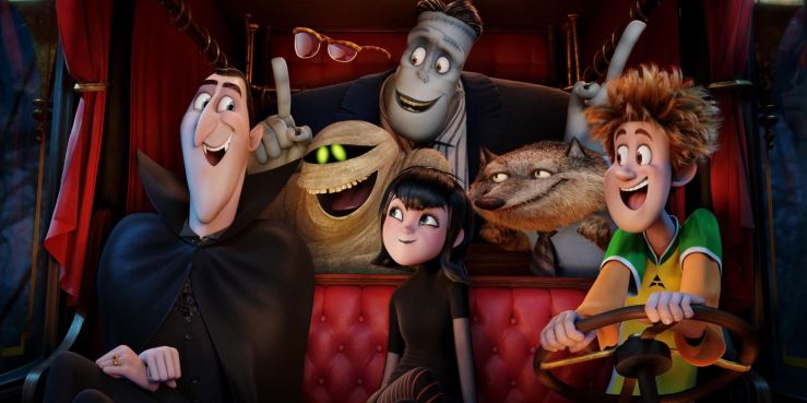 Dracula (Adam Sandler), Griffin the Invisible Man (David Spade), Murray the Mummy, Frank (Kevin James), Mavis (Selena Gomez), Wayne (Steve Buscemi) and Johnny (Andy Samberg) in Columbia Pictures' HOTEL TRANSYLVANIA 2.