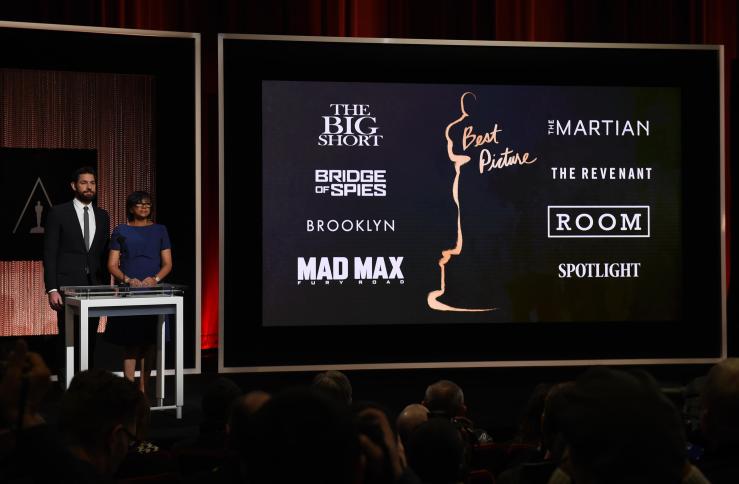 A screen showing the Oscar nominees for Best Picture as announced by actor John Krasinski and Academy President Cheryl Boone Isaacs during the Academy Awards Nominations Announcement  on Thursday. The 88th Oscars will be held on Feb. 28