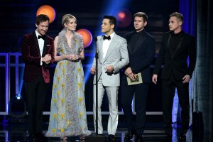 SANTA MONICA, CA - JANUARY 13: (L-R) Joseph Mazzello, Lucy Boynton, Rami Malek, Allen Leech, and Ben Hardy speak onstage during the 24th annual Critics' Choice Awards at Barker Hangar on January 13, 2019 in Santa Monica, California. (Photo by Kevin Winter/Getty Images for The Critics' Choice Awards)