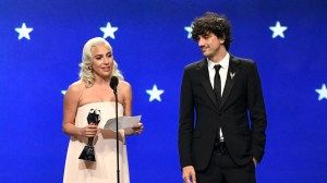 SANTA MONICA, CA - JANUARY 13: Lady Gaga (L) and Anthony Rossomando accept the Best Song award for 'Shallow' from 'A Star Is Born' onstage during the 24th annual Critics' Choice Awards at Barker Hangar on January 13, 2019 in Santa Monica, California. (Photo by Kevin Winter/Getty Images for The Critics' Choice Awards)